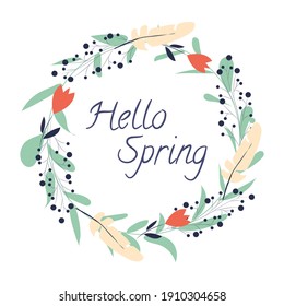 Kitzler Federkranz mit Federn und Blumen mit der Aufschrift hallo Feder in sanften Farben. Botanisches Blumendesign-Element in Vektorgrafik für Einladungen, Postkarten, Poster.