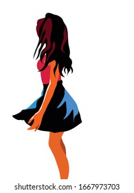 Cute spring young girl in dress with pink top. Vector
