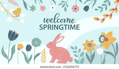 Banner bonito da primavera em estilo plano. Pastel cartaz botânico com coelho, pássaro, flores e texto bem-vindo primavera.