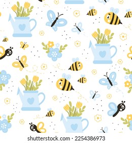 Cute springtime seamless pattern with bee and flowers in watering pot on white background