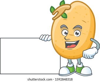 cute sprouted potato tuber cartoon character with a board