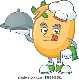Cute sprouted potato tuber as a Chef with hat and tray cartoon style design