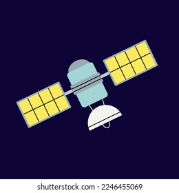 Cute sputnik in outer space. Fantastic galaxy, cosmic rocketship, spacecraft in cosmos. Childish universe, space exploration. Cartoon vector.
