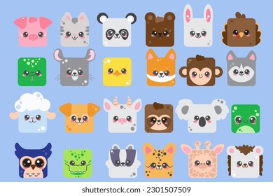 Cute square animal faces. Cartoom heads of characters. Set icons of cat, panda, pig, owl nand crocodile. Minimal simple design. Vector illustration.