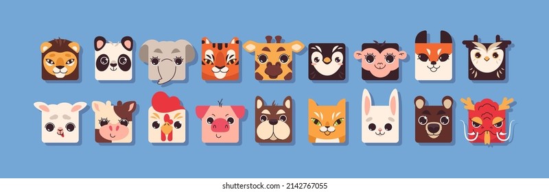 Cute square animal faces in flat style. Funny kids collection head shape of pet, safari and farm animals zoo elements for children. Baby colorful avatars icon set for mobile ui game application.