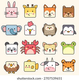 Cute Square Animal Faces Icon Set – Kawaii Animal Vector Collection