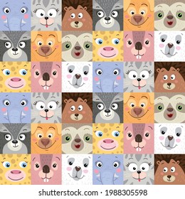 Cute square animal faces. Seamless pattern