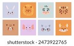 Cute Square Animal Faces Set. Funny Cartoon Muzzles. Vector Illustrations on White Background.