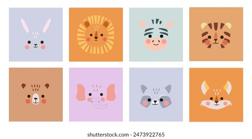 Cute Square Animal Faces Set. Funny Cartoon Muzzles. Vector Illustrations on White Background.