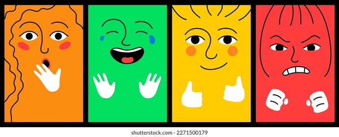 Cute square avatars with shocked, happy and angry faces set. Funny colorful emojis, smiley characters showing different emotions vector illustration