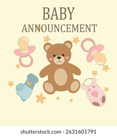 cute square Baby Announcement vectors. Features teddy bears, storks, baby items and pastel colors. Ideal for cards, invites and social media posts.