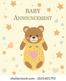 cute square Baby Announcement vectors. Features teddy bears, storks, baby items and pastel colors. Ideal for cards, invites and social media posts.