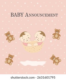 cute square Baby Announcement vectors. Features teddy bears, storks, baby items and pastel colors. Ideal for cards, invites and social media posts.