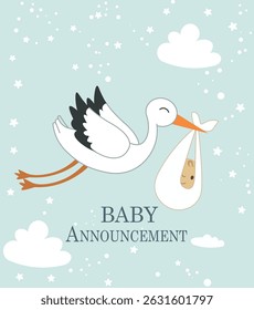 cute square Baby Announcement vectors. Features teddy bears, storks, baby items and pastel colors. Ideal for cards, invites and social media posts.
