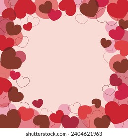 Cute square banner frame on pink background with scattered red and chocolate colored hearts