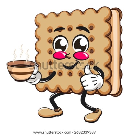 cute square biscuit sandwich mascot character vector illustration with a cup of coffee or tea while giving a thumbs up, work of hand drawn