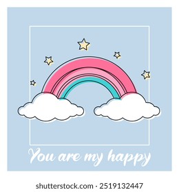 Tarjeta cuadrada linda para los niños. Tarjeta azul claro con el arco iris colorido, las estrellas, las nubes y la frase linda. Cartel cuadrado en estilo plano aislado sobre fondo blanco. Tarjeta imprimible.