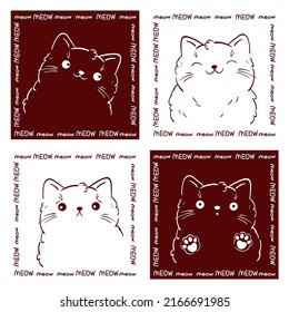 Cute quadratische Karte mit Kätzchen im kawaii-Stil. Liebliche Katzen mit unterschiedlichen Emotionen. Inschrift bedeutet miau. Kann für T-Shirt-Druck, Aufkleber, Grußkartendesign verwendet werden. Vektorgrafik EPS8