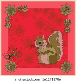 Cute square card with squirrel on floral background. 