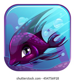Cute square cartoon app icon for web or web design. Swimming black fish illustration. Application vector logo design element. Underwater scene.