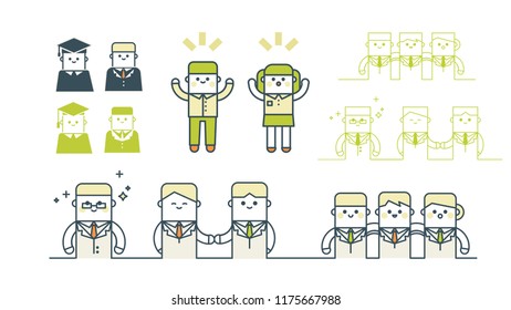 Cute square characters, cooperation, confidence. College student