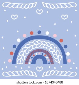 Cute square children's illustration of a bright abstract rainbow, white doodles hearts, drops and geometric shapes on a gentle blue background. For the cover, poster in the nursery, postcard. Vector.