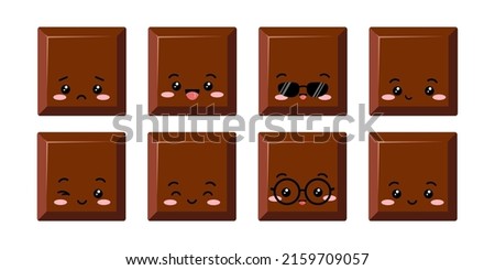 Cute square chocolate bar piece kids emoji character vector icon set. Yummy milky smilling, sad, winking choco chunk with face. Kawaii cartoon style cacao sweet food morsel emoticon illustration.