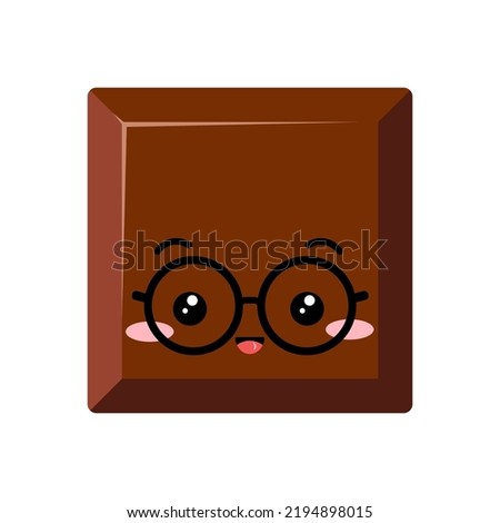 Cute square chocolate bar piece in eyeglasses kids emoji character vector icon. Yummy milky smilling choco chunk with face. Kawaii cartoon style cacao sweet food morsel emoticon illustration.