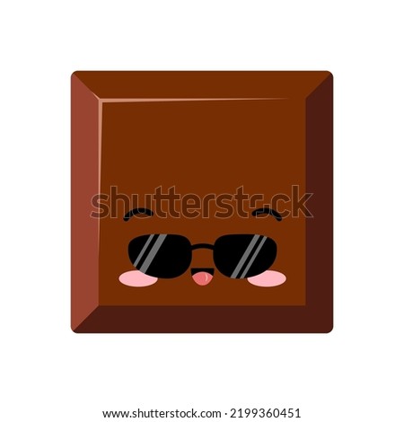 Cute square chocolate bar piece in sunglasses kids emoji character vector icon. Yummy milky smilling cool choco chunk with face. Kawaii cartoon style cacao sweet food morsel emoticon illustration.