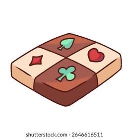Ilustração de chocolate quadrado bonito dividido em quatro partes, cada um decorado com um símbolo de cartão de jogo colorido - coração, pá, clube e diamante.