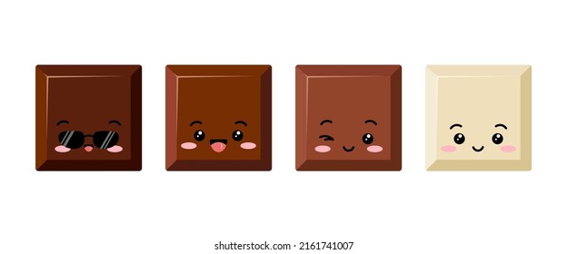 Cute Square Chocolate Piece Kids Emoji Character Vector Set. Funny Yummy Dark Black, Bitter, Milky And White Choco Chunk With Face. Kawaii Cartoon Style Cacao Sweet Food Morsel Emoticon Illustration.