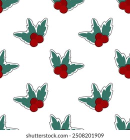 Cute square Christmas pattern with green and red Holy plants. Seamless vector pattern with plants isolated on changeable white background. Christmas element pattern for print, fabric, wrapping paper.