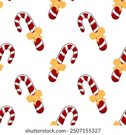 Cute square Christmas pattern with white and red candy canes. Seamless vector pattern with sweets isolated on changeable white background. Christmas element pattern for print, fabric, wrapping paper.