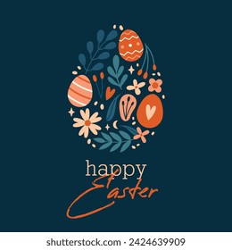 Cute square easter card. Happy Easter Day. Banner, flyer, invitation with ornamental egg shape with cartoon flowers, plants, leaves, berries, lettering, text, calligraphy. Flat Design. 