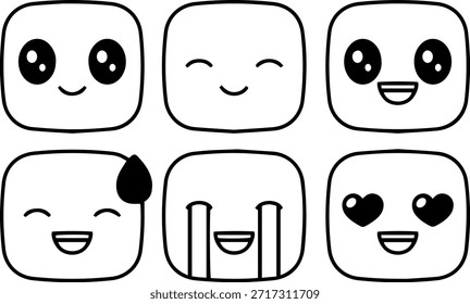 Conjunto de iconos de emojis cuadrados lindos, Vector de contorno Expresiones faciales y emoticonos de Kawaii