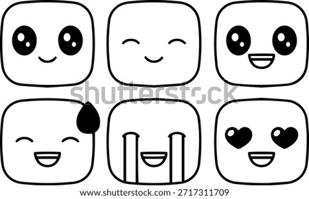 cute square emoji icon set, outline vector kawaii face expressions and emoticons