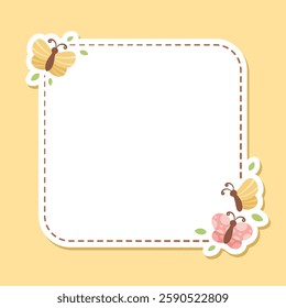Cute Square Floral Butterfly Frame. Spring Summer Border Vector Illustration.