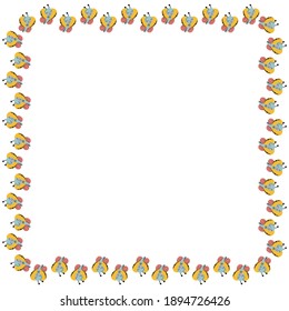 The cute square frame of cartoon multicolored characters butterflies on a white background. The border with a place for the text of beautiful summer insect. Vector.