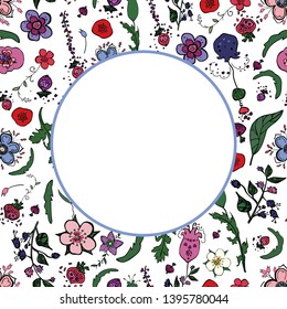 Cute square frame with doodling flowers and berries and empty circle for your announcements, flyers, greeting cards. Romantic vector illustration for season spring and summer design