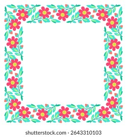 Quadrado quadrado bonito de flores em estilo folclórico. Ornamento positivo brilhante da planta. Quadro sem texto. Elemento de design de flores de verão azul vermelho sobre fundo branco