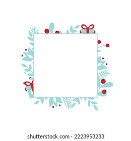 Cute square frame with holly leaves, mistletoe, gift, fir branch, christmas frame in flat style