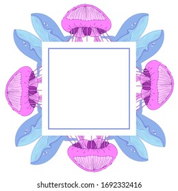 Cute square frame template with blue whales, pink jellyfish and copy space. White background. Doodle hand drawn style illustration. Vector.