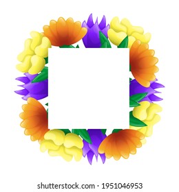 Cute square frame template with colorful flowers and copy space. White background. Flat style illustration.