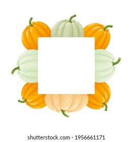 Cute square frame template with colorful pumpkins and copy space. White background. Flat style illustration.