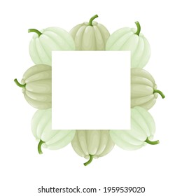 Cute square frame template with green pumpkins and copy space. White background. Flat style illustration.