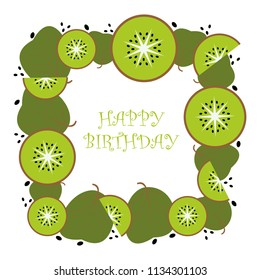 Cute square frame template with kiwi slices and leaves. Text sample in the copy space. White background. Flat style illustration.
