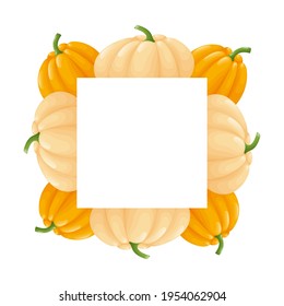 Cute square frame template with orange pumpkins and copy space. White background. Flat style illustration.
