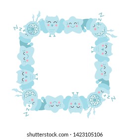 Cute square frame template with owl, star, dreamcatcher, moon and copy space. Pastel colours. White background. Doodle style illustration. Vector.