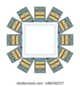 Cute square frame template with roasted chickens and vegetables in ovens and copy space. White background. Hand drawn doodle style illustration. Vector.