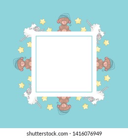 Cute square frame template with yellow stars, sleeping bears in night caps, flying sheep and copy space. Blue background. Cartoon style illustration. Vector.